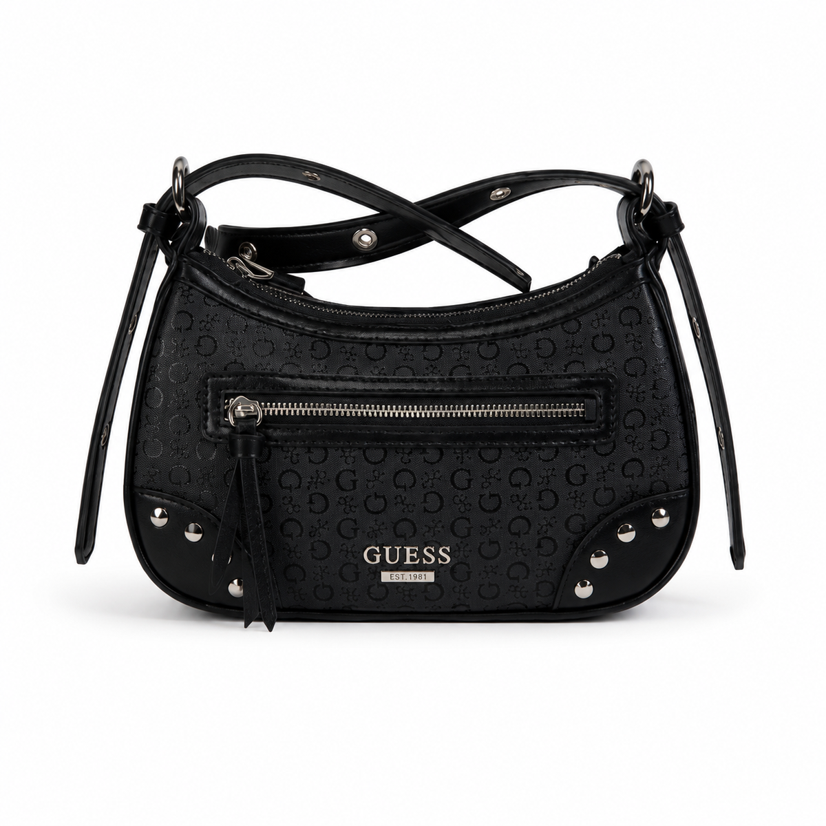 A black GUESS shoulder bag with an embossed monogram pattern, featuring a front zippered pocket, silver-tone studs, and a tassel zipper pull on a white background.