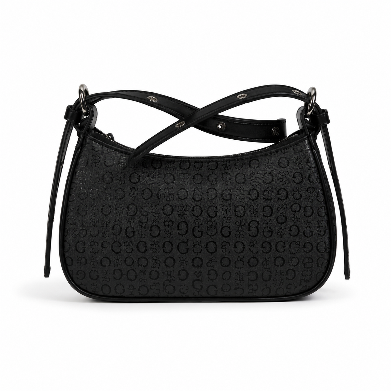 A black crescent-shaped shoulder bag with an all-over embossed monogram pattern, featuring a double strap design with crossed front straps and silver-tone hardware, shown on a plain white background.