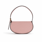 A dusty pink crescent-shaped shoulder bag with a single thin strap and a small gold-tone clasp, shown on a clean white background.