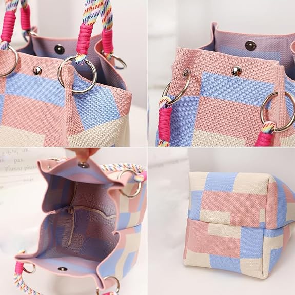 A four-panel collage showing a small tote bag from multiple angles. The bag has a pastel checkerboard pattern in pink, light blue, and off-white, with bright pink braided handles, colorful striped rope details, and silver-tone metal rings and snaps.