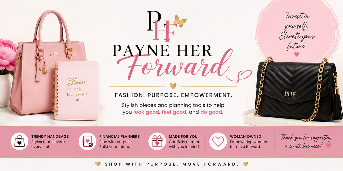 A promotional collage for PHF (Payne Her Forward) featuring a pink tote bag, a pink planner, and a black quilted handbag with gold chain and tassel, set against a light background with pink and white graphic elements and text.