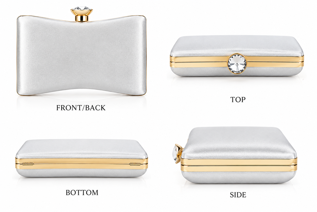 A silver satin clutch purse with gold trim and crystal embellishments, shown from four angles: FRONT/BACK, TOP, BOTTOM, and SIDE. The clutch features a curved rectangular shape with a crystal-encrusted clasp on the front and a zip-around closure on the side.