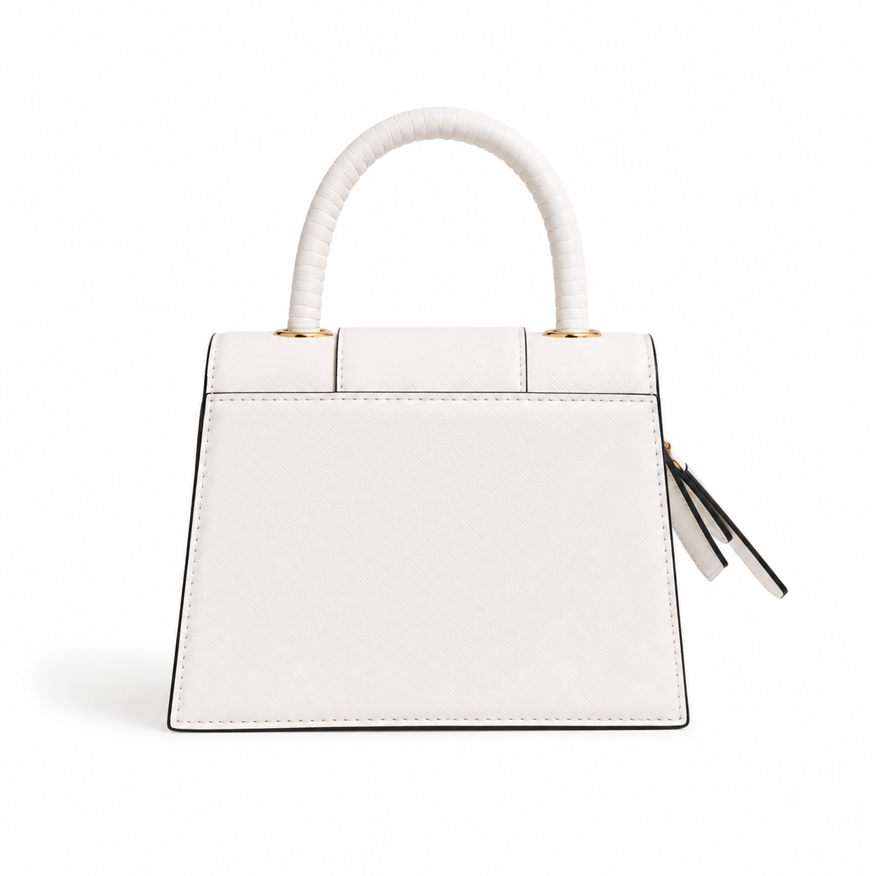 A structured white leather handbag with a curved top handle, gold-tone hardware, and a small black-and-white tassel charm, shown on a clean white background.