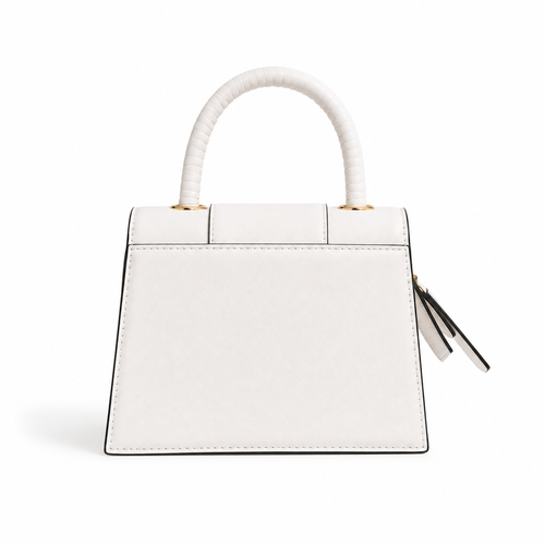 A structured white leather handbag with a curved top handle, gold-tone hardware, and a small black-and-white tassel charm, shown on a clean white background.
