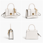 A structured white handbag shown from multiple angles in a 2x2 grid. The bag has a white leather body with black piping, a gold-tone front clasp, a white top handle, a detachable shoulder strap, and a decorative floral charm with gold and white beads.