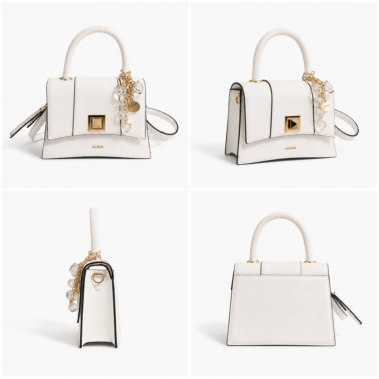 A structured white handbag shown from multiple angles in a 2x2 grid. The bag has a white leather body with black piping, a gold-tone front clasp, a white top handle, a detachable shoulder strap, and a decorative floral charm with gold and white beads.