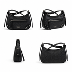 Black Guess shoulder bag shown from four angles on a white background, featuring an embossed monogram pattern, silver-tone studs, and a zippered front pocket.