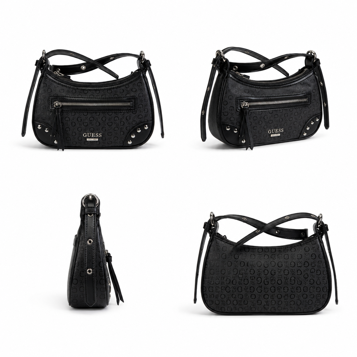 Black Guess shoulder bag shown from four angles on a white background, featuring an embossed monogram pattern, silver-tone studs, and a zippered front pocket.
