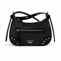 A black GUESS shoulder bag with an embossed monogram pattern, featuring a front zippered pocket, silver-tone studs, and a tassel zipper pull on a white background.