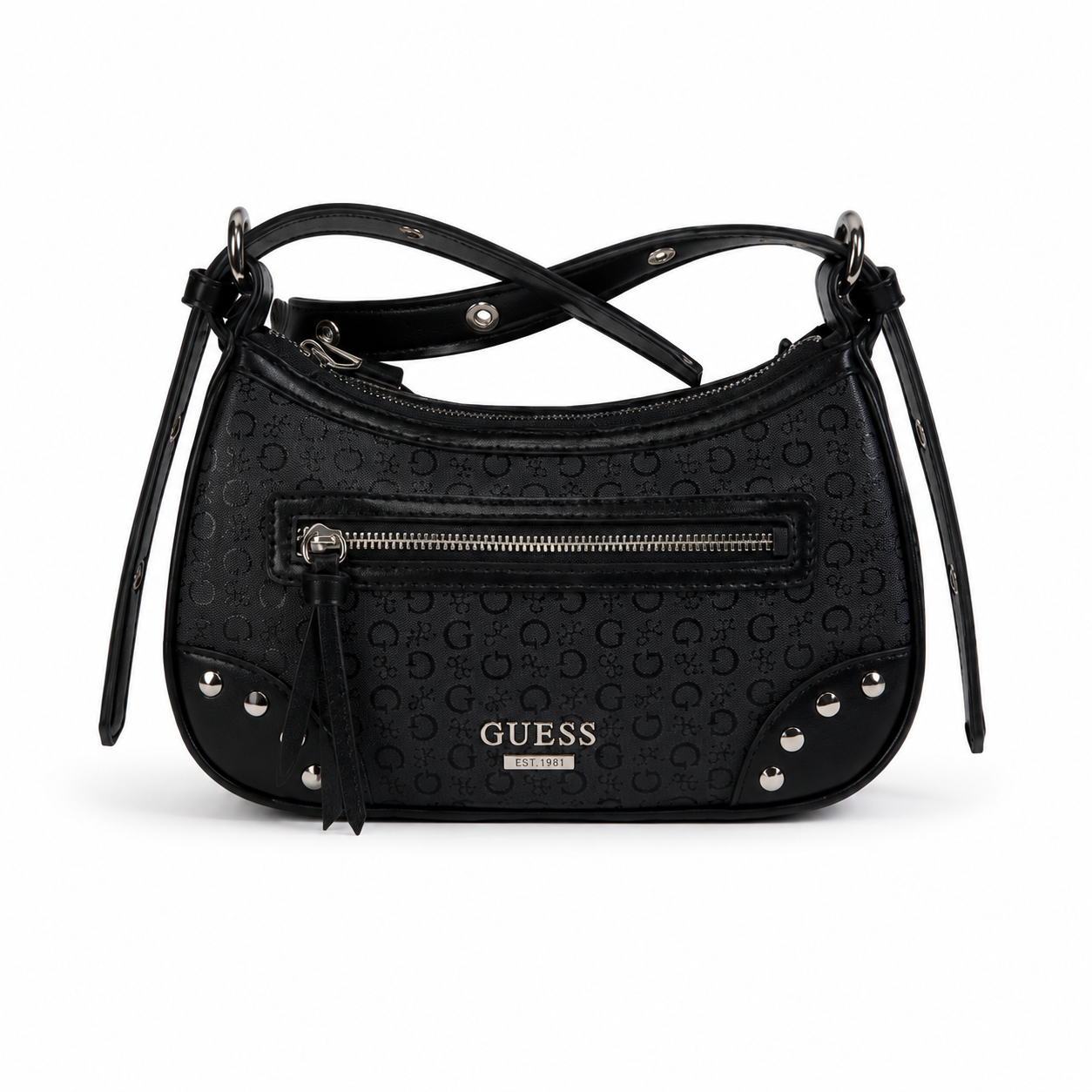 A black GUESS shoulder bag with an embossed monogram pattern, featuring a front zippered pocket, silver-tone studs, and a tassel zipper pull on a white background.