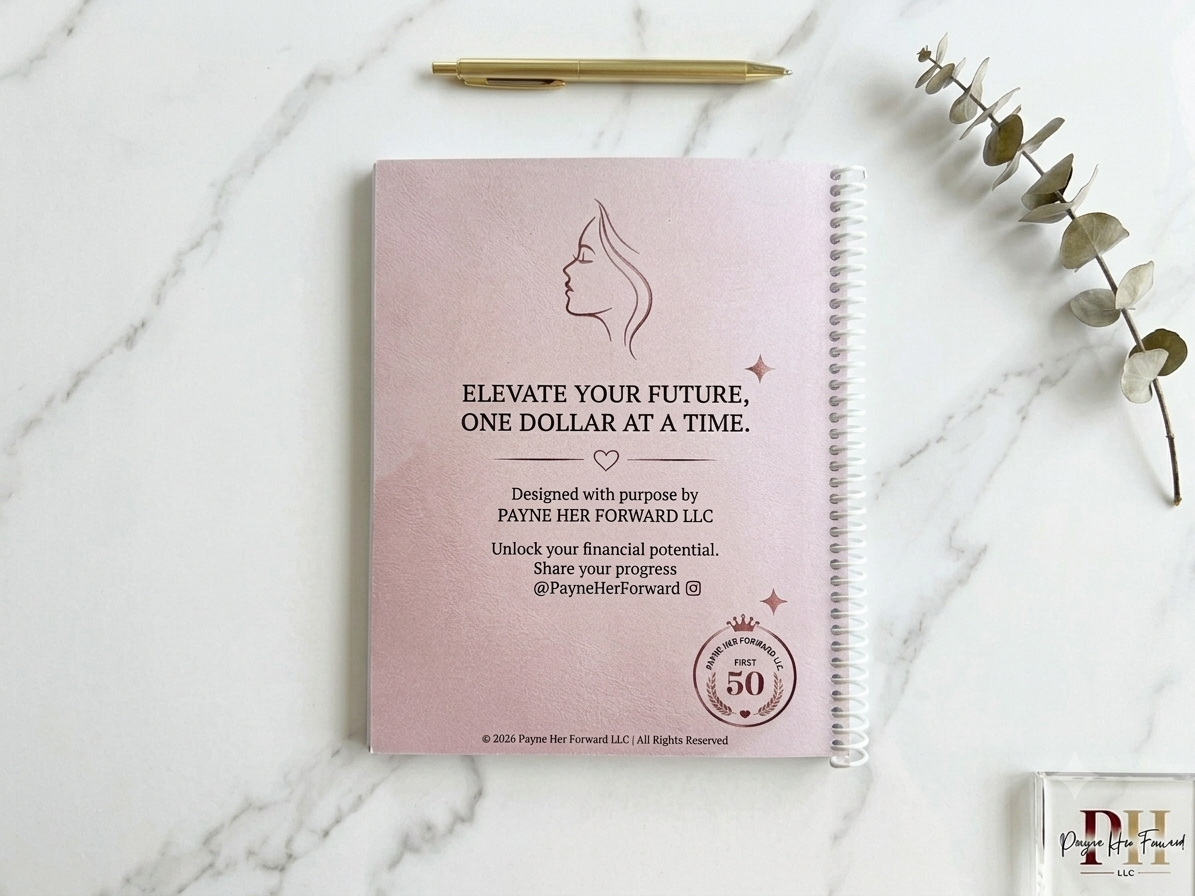 Pink notebook with motivational quote on a marble surface with a pen and plant.