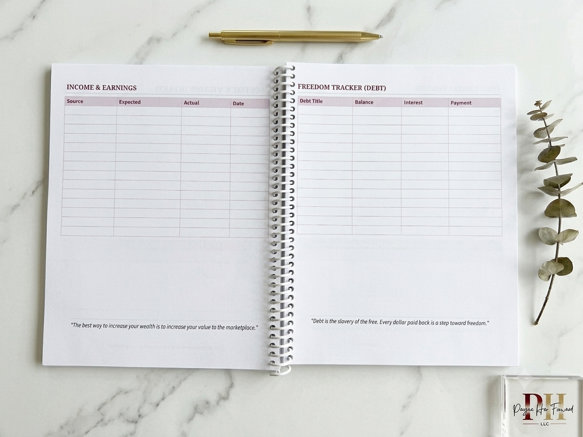 Open planner with income and earnings tracker on a marble surface with a pen and plant.