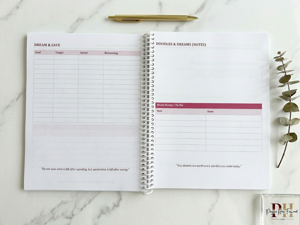 Open planner with a pen and decorative plant on a marble surface