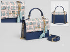 Blue handbag with patterned flap and gold chain strap on a light gray background