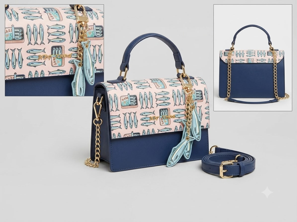 Blue handbag with patterned flap and gold chain strap on a light gray background