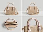 Collage of beige handbags with floral handle designs on a light gray background