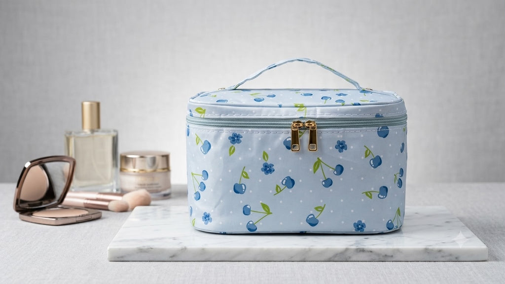 Cosmetic bag with floral pattern on a marble surface with beauty products.