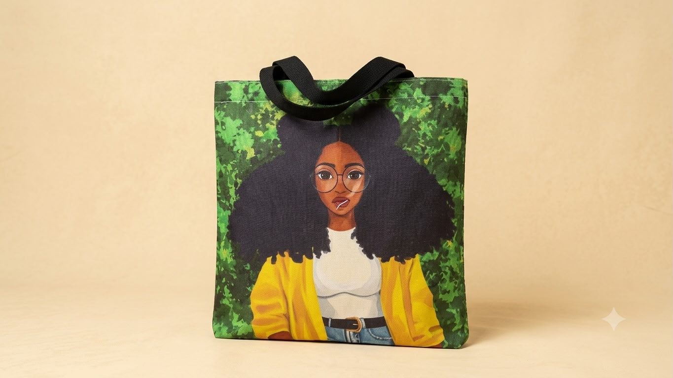 Tote bag with a design of a person with an afro wearing glasses and a yellow jacket on a beige background.