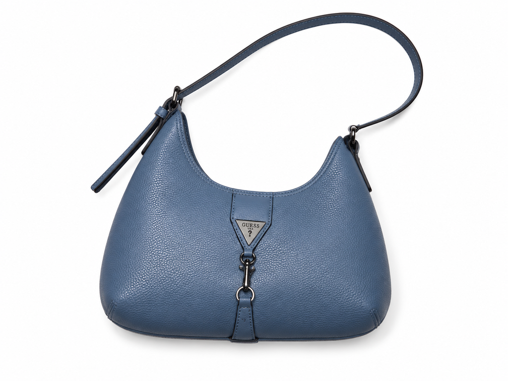 A blue pebbled leather shoulder bag with a curved top, a single strap, and a front triangular metal logo plaque, shown on a plain white background.
