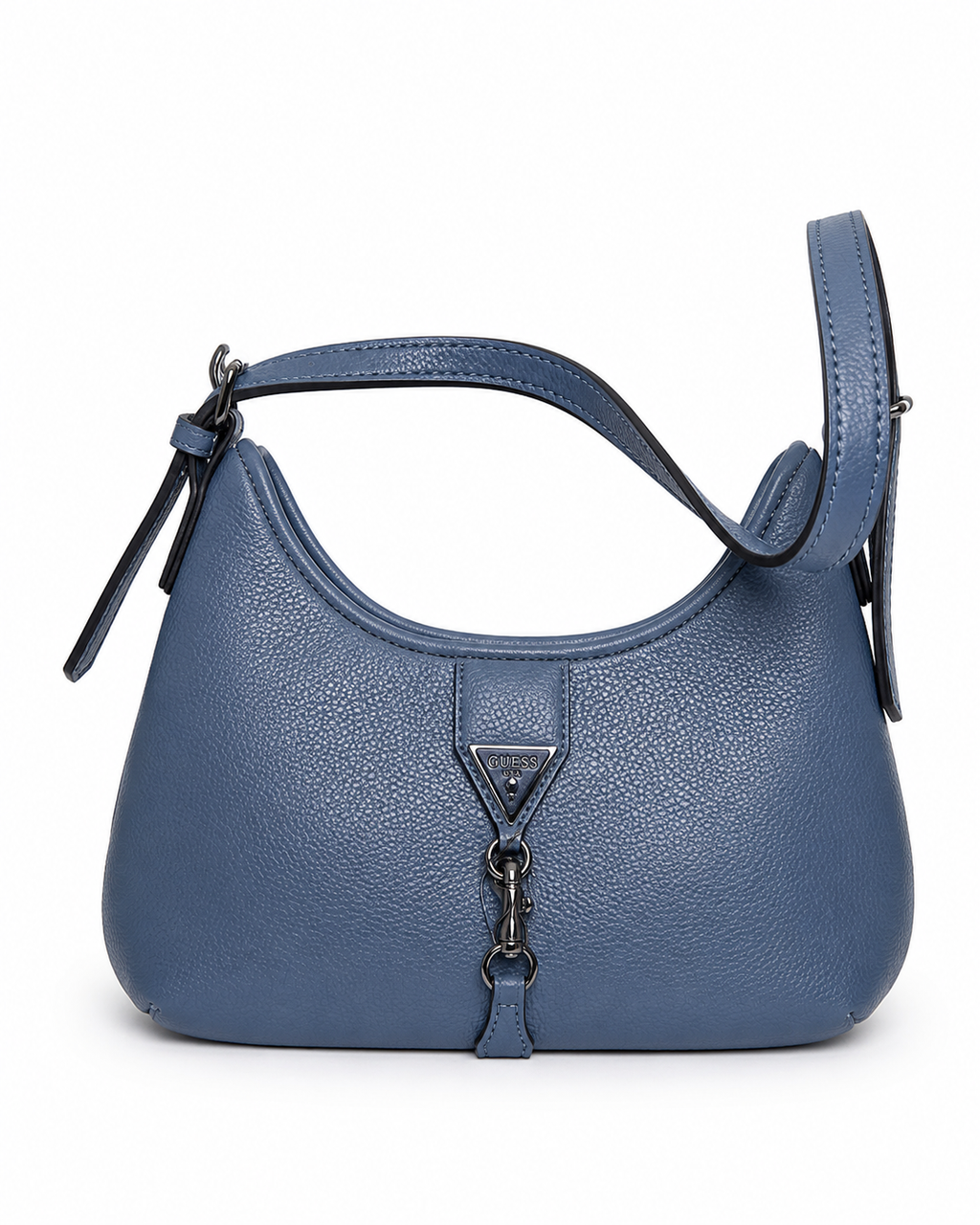 A blue pebbled leather shoulder bag with a top handle, a front zipper closure, and a small triangular metal logo plaque, shown on a plain white background.