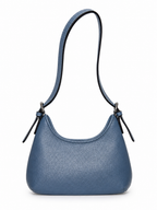 A blue pebbled leather shoulder bag with a curved top, a single adjustable strap, and silver-tone hardware, shown on a plain white background.