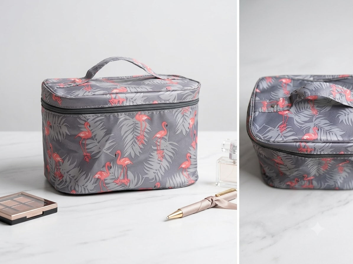 Gray cosmetic bag with flamingo pattern on a white surface