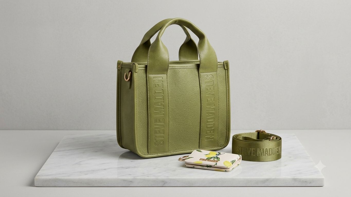 Green handbag with matching strap on a marble surface