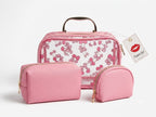 Pink cosmetic bag set with floral pattern on a white background