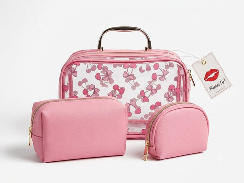Pink cosmetic bag set with floral pattern on a white background