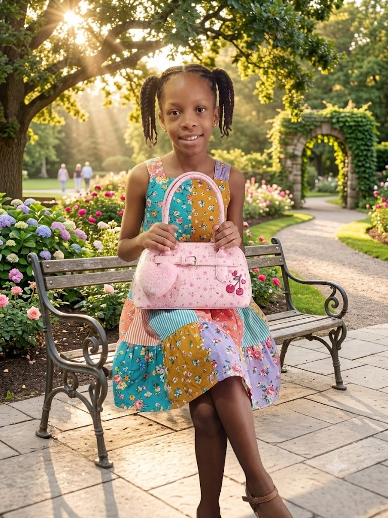 Young girl holding a colorful handbag in a garden setting