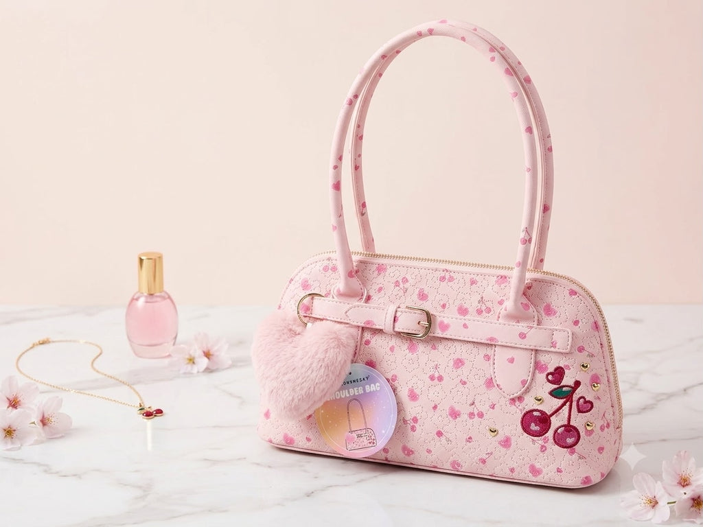 Pink handbag with cherry design on a light background