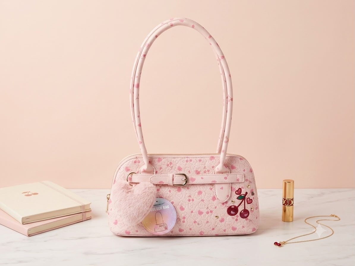 Pink handbag with cherry design on a light pink background