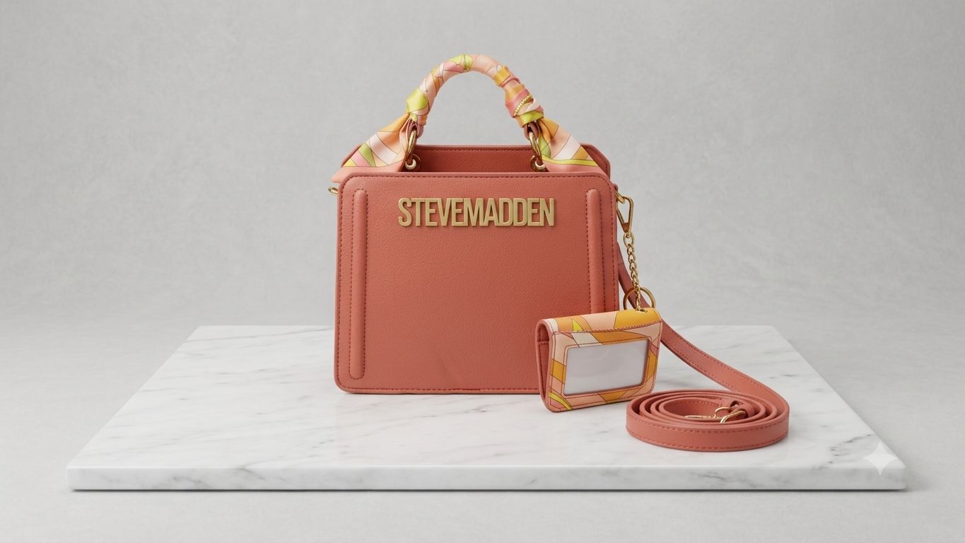 Pink handbag with floral handle and clear pouch on a marble surface
