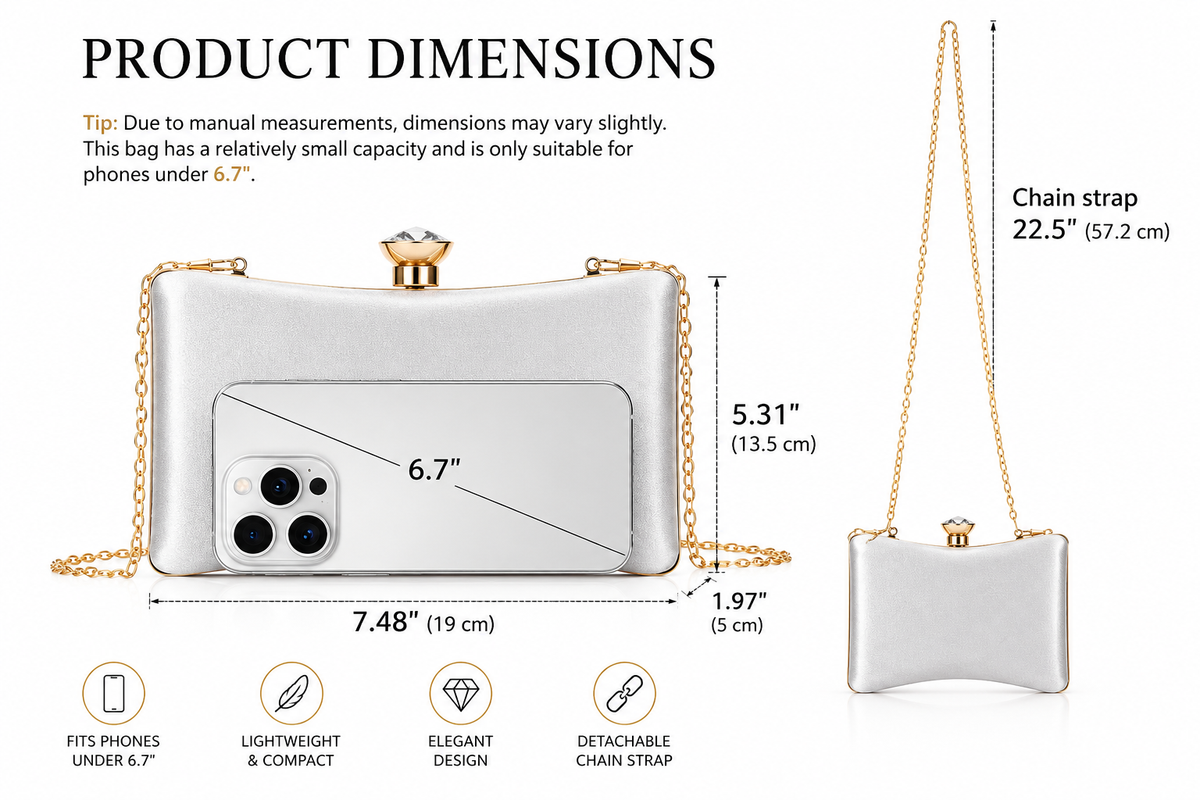 Product dimensions diagram for a silver faux-leather clutch bag with a gold chain strap, showing front and side views with measurements, on a white background.