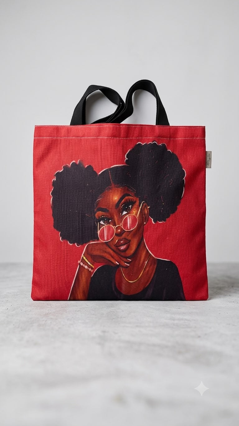 Red tote bag with an illustration of a woman with an afro on a gray background