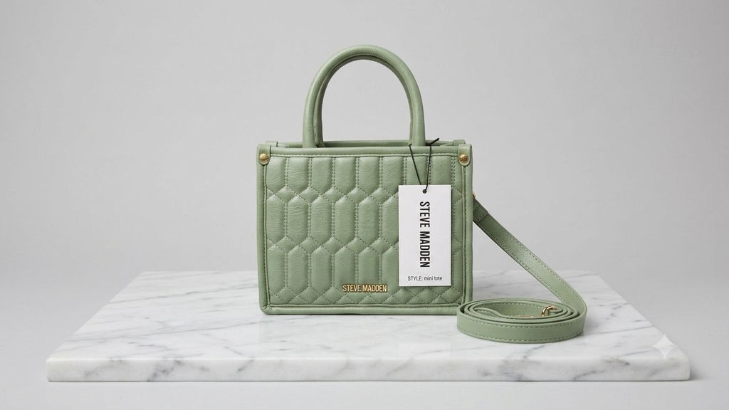 Green handbag with a visible brand label on a marble surface