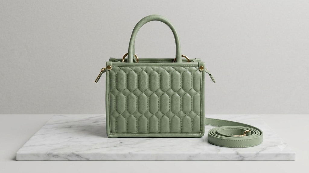 Green quilted handbag on a marble surface with a light gray background
