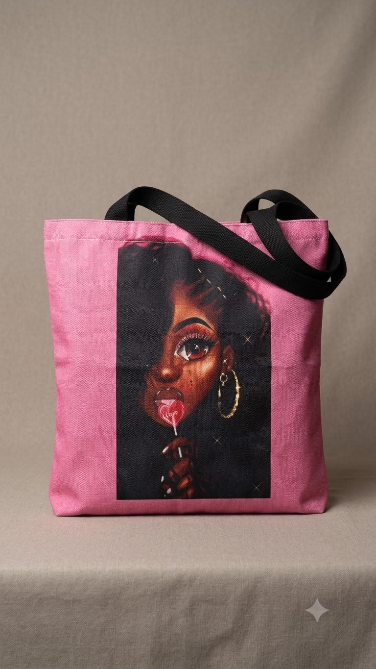 Pink tote bag with a graphic of a woman's face on a beige background
