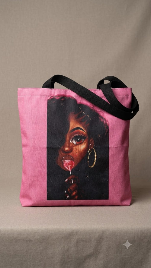 Pink tote bag with a graphic of a woman's face on a beige background