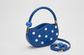 Melie Bianco Demi Moon Bag with Art Glass Bead & Crossbody Strap - Cobalt Polka Dot