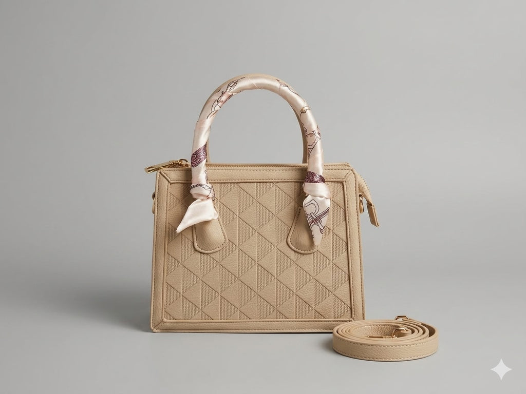 Quilted Vegan Leather Satchel with Printed Scarf Handle & Crossbody Strap - Taupe