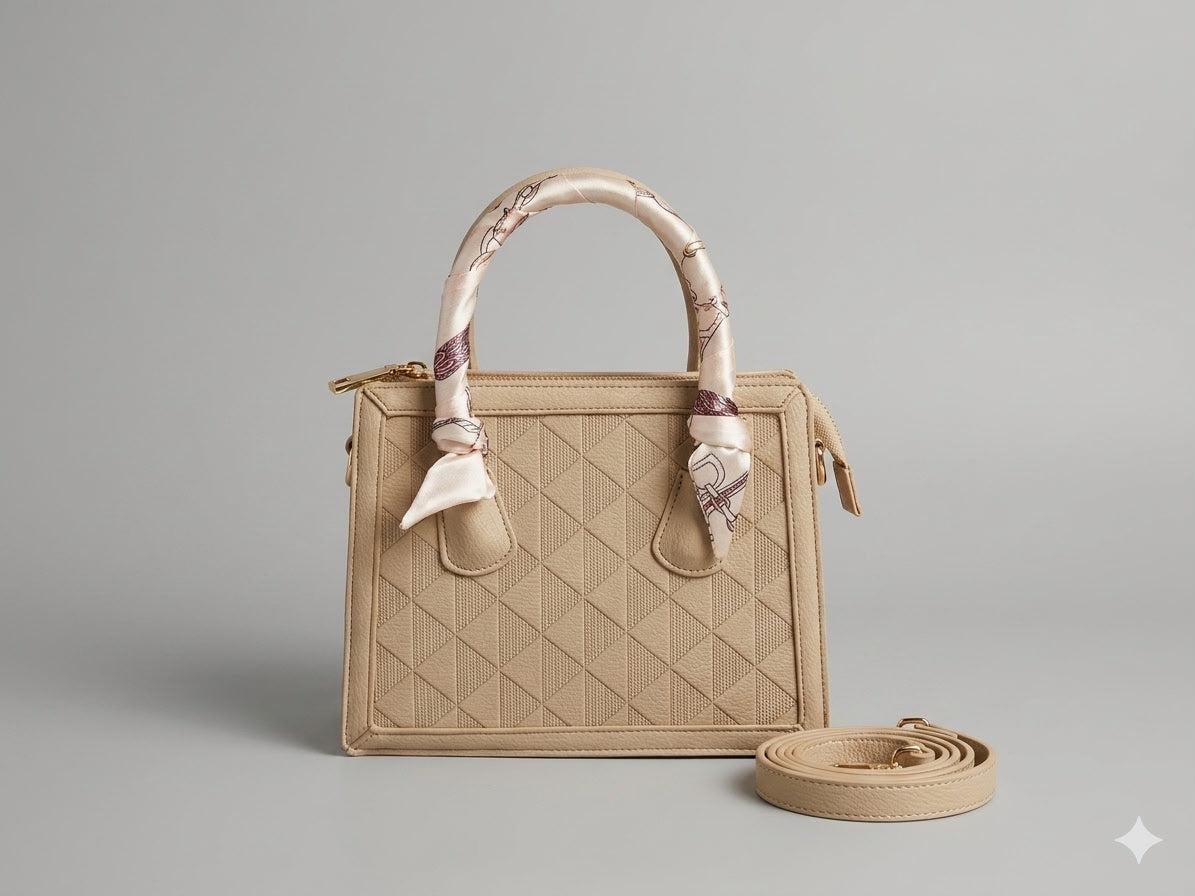 Quilted Vegan Leather Satchel with Printed Scarf Handle & Crossbody Strap - Taupe