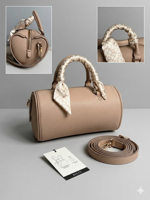 BeLen Convertible Heart-Silhouette Barrel Bag with Heart-Print Scarf Accent - Nude Blush