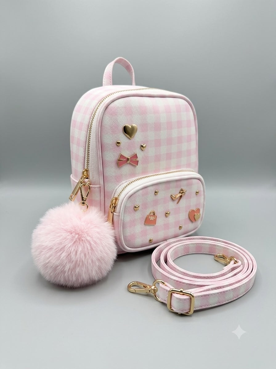 Under One Sky Convertible Mini Backpack & Crossbody - Pink Gingham with Charm Accents