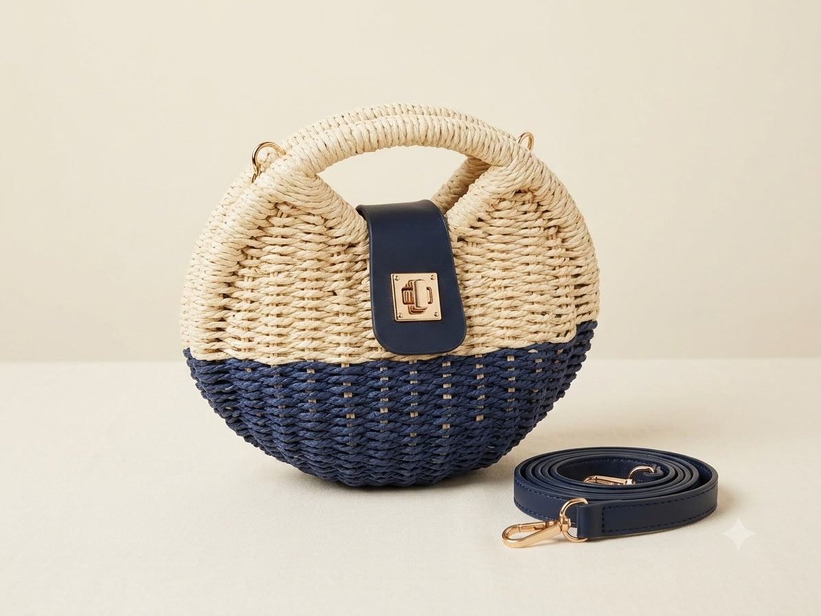 Seaside Two-Tone Woven Straw Crossbody Bag with Navy Leather Accents