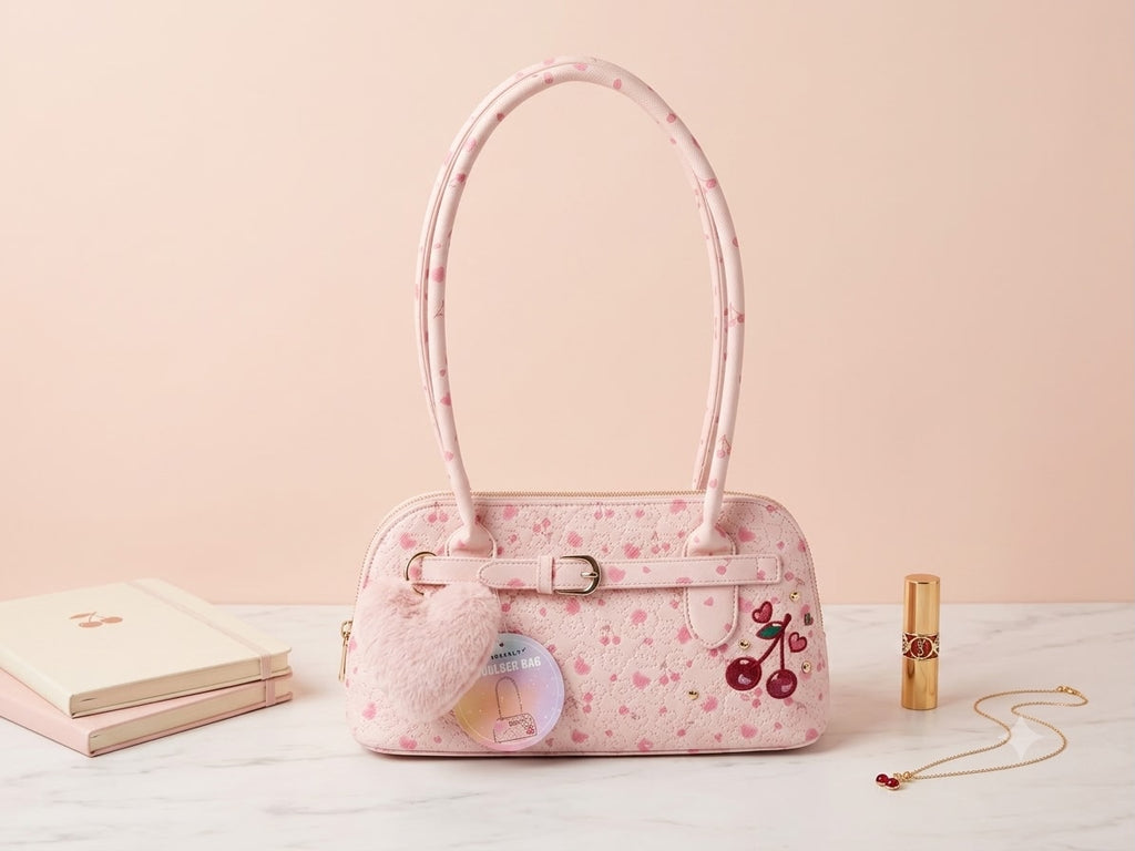 Pink Cherry & Heart Pattern Shoulder Bag with Fuzzy Charm