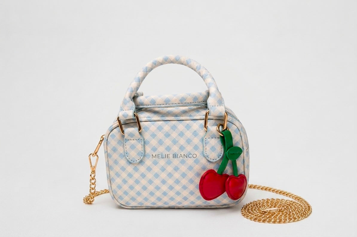 Cherry Charm Mini Top Handle Crossbody Bag – Blue Gingham
