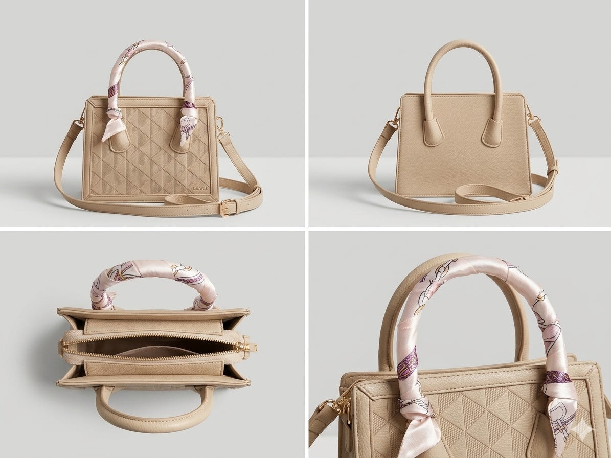 Quilted Vegan Leather Satchel with Printed Scarf Handle & Crossbody Strap - Taupe