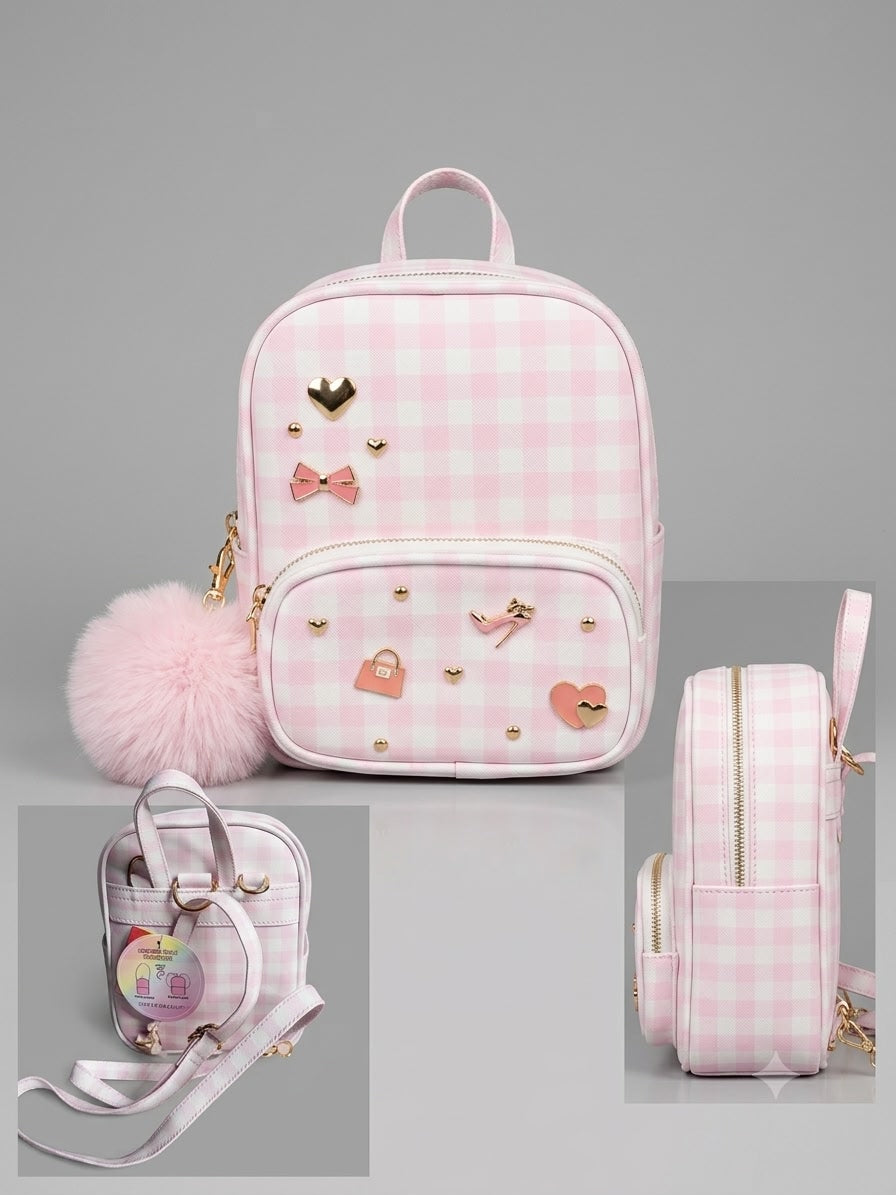 Under One Sky Convertible Mini Backpack & Crossbody - Pink Gingham with Charm Accents