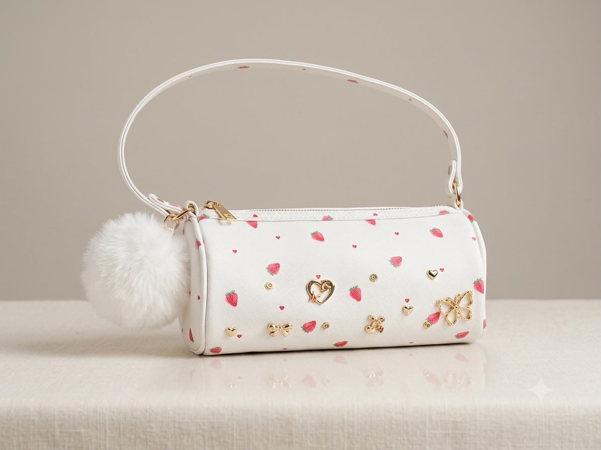 Strawberry Dreams Vegan Leather Barrel Bag with Plush Pom-Pom Charm